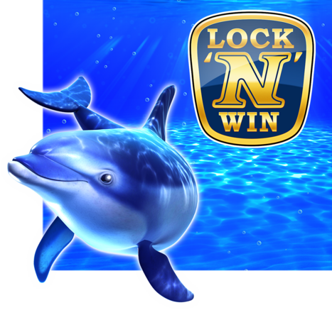 Lock'n'Win Logo und blauer Delfin im Meer.