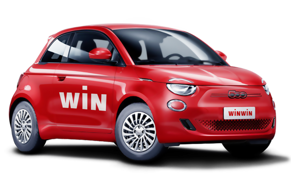 Roter Fiat 500 Elektro Hatchback mit weissem WINWIN-Logo.